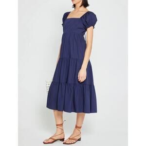 o.p.t Josephine Navy Blue Puff Sleeve Open Back Tiered Midi Dress Size XS